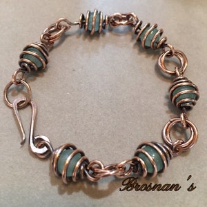 Copper & Aqua Marine Caged Bead Bracelet, Handmade Copper Bracelet, Aqua Marine Bracelet, Hand Forged Clasp, Caged Bead Bracelet, Copper
