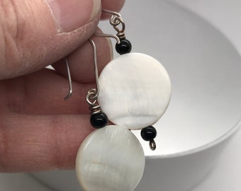 Black Onyx, with shell disc in sterling silver earrings handmade