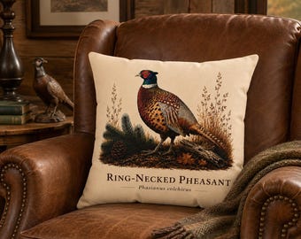 Ring Necked Pheasant Throw Pillow Farmhouse Style Rustic Lodge Cabin Decor Hunting Gift Men Sportsman Wildlife Art Vintage Game Bird Cushion