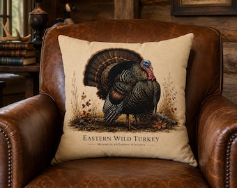Turkey Hunter Gift Hunting Pillow Cabin Throw Lodge Decor Wild Gobbler Fan Illustration Art Vintage Bird Wildlife Design Rustic Accent