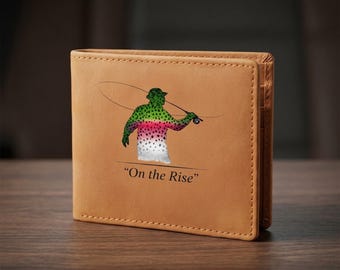 Rainbow Trout Fishing Leather Wallet | "On The Rise"  Fish Skin Pattern Billfold