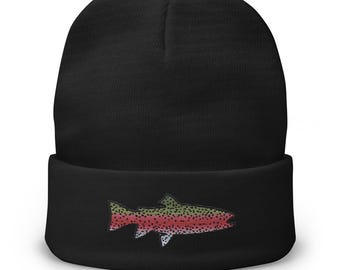 Gorro de pesca con estampado de trucha arcoíris y bordado de piel