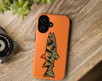 May include: Orange phone case featuring a stylized fish design in black, yellow, and orange. The fish illustration is centered on the case, which has a glossy finish. The case is shown on a wooden surface.