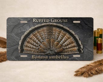 Ruffed Grouse Tail Fan Glossy Aluminum Vanity Plate | Bonasa umbellus Hunting Decor