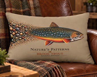Brook Trout Pillow Lumbar Support Back Cushion Fishing Theme Cabin Accent Lodge Design Nature's Patterns Artwork Angler Gift Fly Fisherman