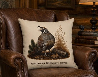Bobwhite Quail Pillow Throw Farmhouse Cabin Rustic Hunting Gift Men Hunter Enthusiast Present Bird Art Wildlife Illustration Vintage