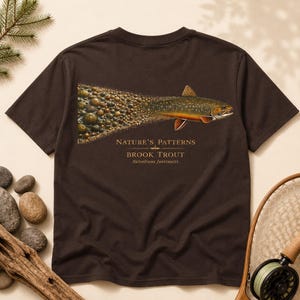 Brook Trout Shirt Fishing Graphic Tee Men Gift Idea Angler Enthusiast Fly Fisherman Apparel Nature Pattern Illustration River Stone Design