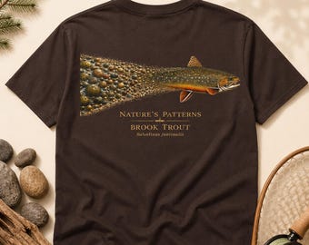 Brook Trout Shirt Fishing Graphic Tee Men Gift Idea Angler Enthusiast Fly Fisherman Apparel Nature Pattern Illustration River Stone Design