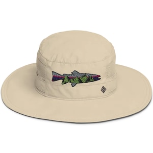 Embroidered Rainbow Trout with Mountains Fishing Hat Columbia Booney Fly Fishing Hat for Fishermen with UPF 50 Protection and Wide Brim