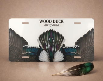 Wood Duck Feather Board Aluminum Vanity Plate - Aix sponsa Front License Tag
