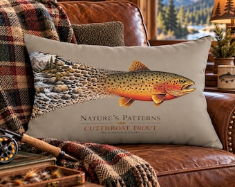 Cutthroat Trout Pillow Lumbar Support Back Cushion Fishing Theme Cabin Accent Lodge Design Natures Patterns Artwork Angler Gift Fly Fishing