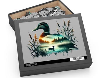 Rompecabezas de paisaje de doble exposición de pato real / Escena de silueta de lago