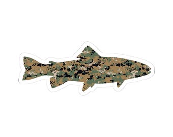 Woodland Camo Trout Sticker: Glossy Vinyl Decal for Outdoor Enthusiasts