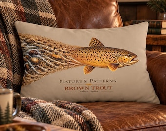 Brown Trout Pillow Lumbar Support Back Cushion Fishing Theme Cabin Accent Lodge Design Natures Patterns Artwork Angler Gift Fly Fishing