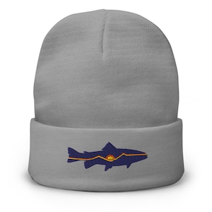 Trout Sunset Embroidered Fisherman Beanie Fly Fishing Beanie for Men or Women