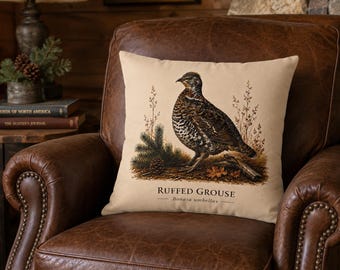 Ruffed Grouse Wildlife Throw Pillow: Cabin Accent, Hunting Lodge Decor, Rustic Artwork