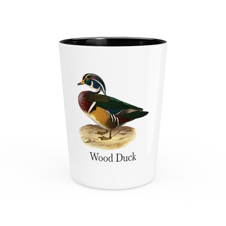 Puede incluir: Vaso de chupito de cer&aacute;mica blanca con borde negro, con una ilustraci&oacute;n detallada de un pato joyuyo. El pato tiene un plumaje colorido, incluyendo plumas verdes, rojas y marrones. El texto "Wood Duck" est&aacute; impreso debajo.