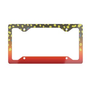 May include: License plate frame with a brown and yellow spotted pattern at the top, transitioning to a red gradient at the bottom. The frame has a rectangular shape with rounded corners and holes for mounting.