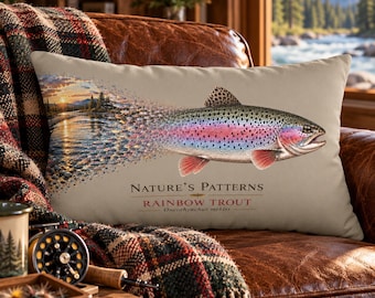 Rainbow Trout Pillow Lumbar Support Back Cushion Fishing Theme Cabin Accent Lodge Design Natures Patterns Artwork Angler Gift Fly Fishing