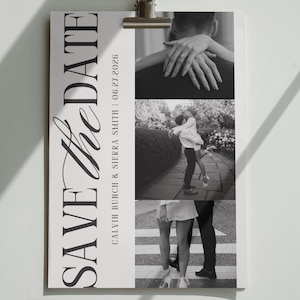 May include: A white card with the words "SAVE the DATE" in elegant script. The card features three black and white photos of a couple. The date "06.27.2026" is printed on the card. The card is held by a silver clip.