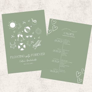 Puede incluir: Dos tarjetas verde salvia con texto e ilustraciones en blanco. Una tarjeta dice "Floating Into Forever" y "Callies Bachelorette" con una lista de actividades. La otra tarjeta tiene gráficos temáticos de verano.