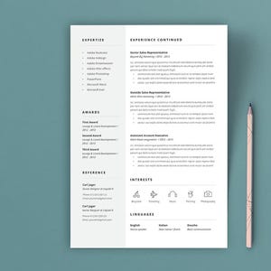 May include: A resume template with a white background and black text, including sections for expertise, experience, awards, and references. A light pink pencil rests on the right side of the resume. The resume is on a teal background.
