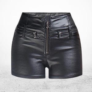 Women’s Black Leather Shorts | Slim Fit Festival Shorts with Zip Closure & Pockets | Handmade Sheep Leather | Stylish Biker Fashion
