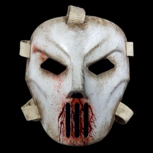Vintage Casey J Destroyed and Bleeding Hockey Mask, Handmade, Horror, Collectible, Halloween, Cosplay replica adjustable