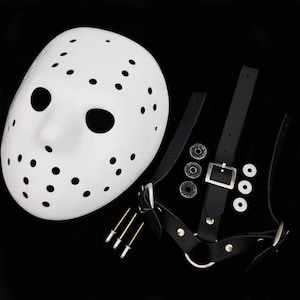 Hockey mask kit jason vs firts scene clean white pre-cut  with complete accessories, straps, chevrons, rivets.