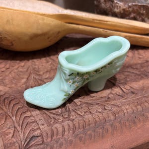 Vintage Fenton Green Milk Glass Slipper – Hand Painted & Signed by Gracie – Victorian Shoe Figurine with Floral Detail