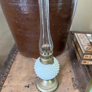 Antique Milk Glass Mini Oil Lamp – Hobnail Pattern with Brass Base