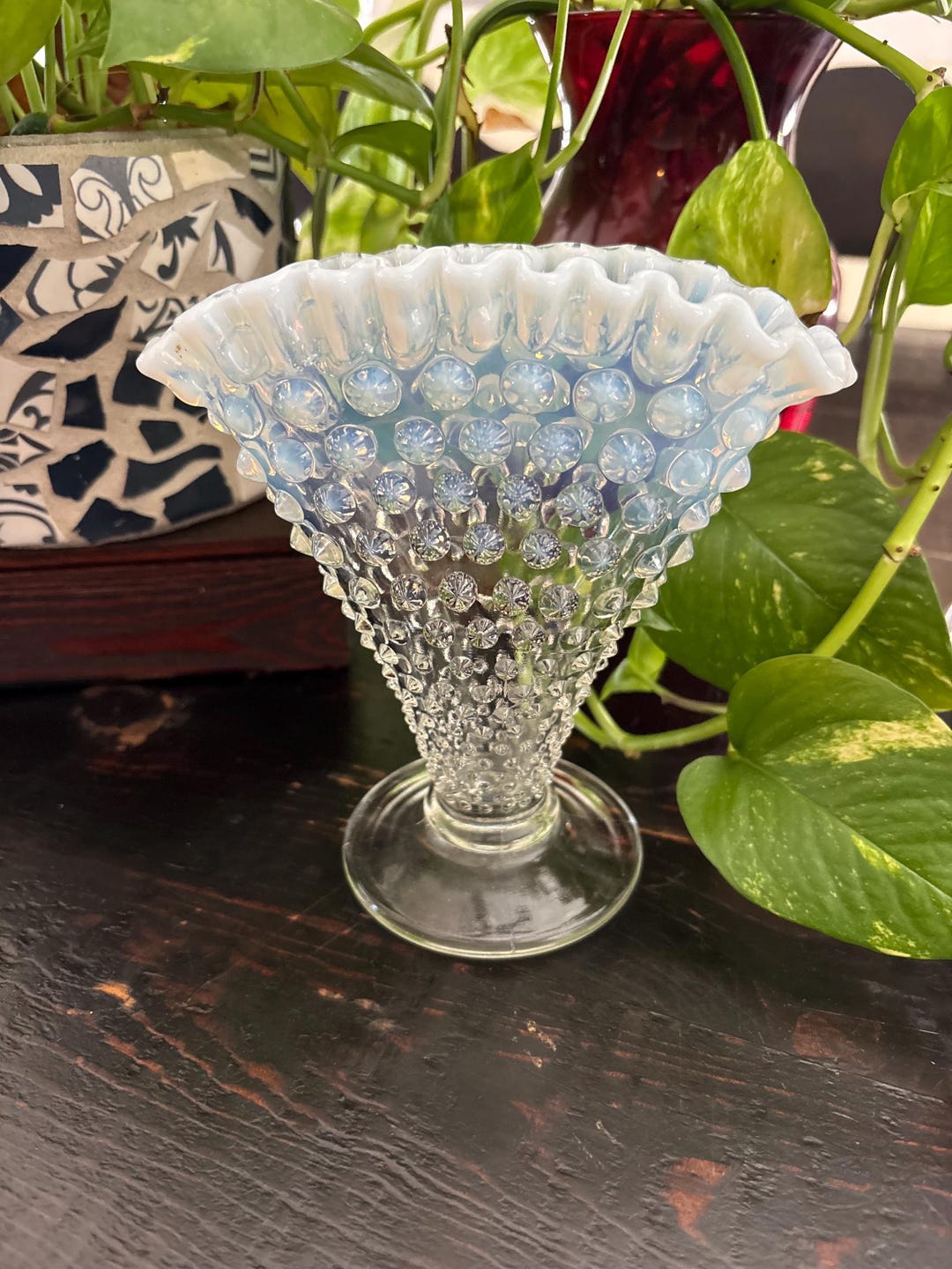 Vintage Fenton Blue Opalescent Hobnail Fan Vase – Mid-century Glass Art ...
