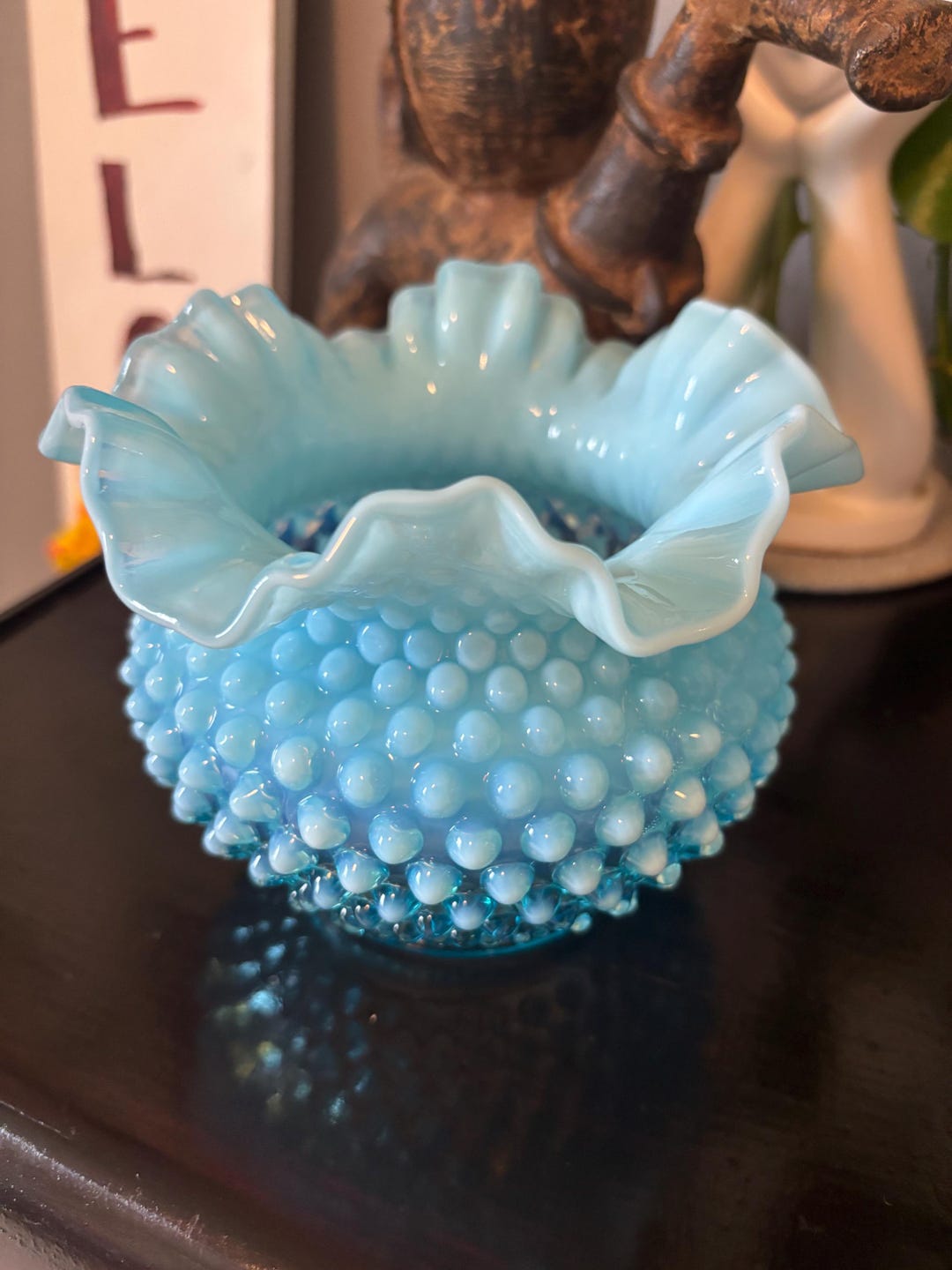 Vintage Fenton Blue Opalescent Hobnail Vase – Ruffled Rim Art Glass ...