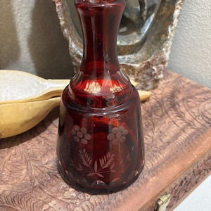 Vintage Bohemian Ruby Cut to Clear Decanter – Czech Red Crystal Floral Etched Glass – Mid-Century Barware