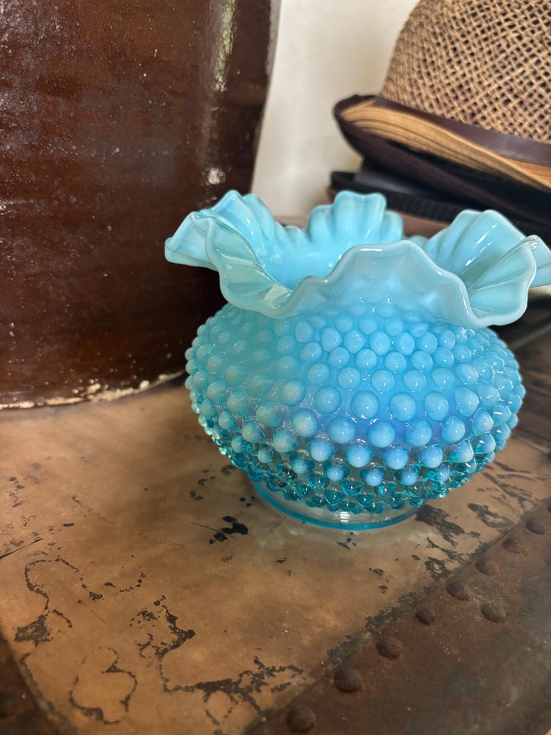 Vintage Fenton Blue Opalescent Hobnail Vase – Ruffled Rim Art Glass ...