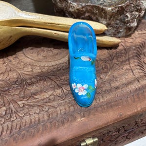 Fenton Blue Satin Glass Slipper – Hand Painted & Signed by Sue Jackson – Vintage Shoe Figurine with Flowers