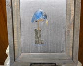 Thread Painted Great Blue Heron Art | Hand Stitched Fiber Art | Custom Barnwood Frame | Silk Dupioni Textile Wall Art OOAK