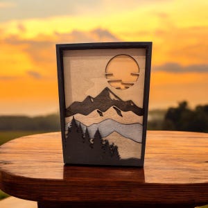 Layered Wood Mountain Scene: Rustic Handmade Wall Art
