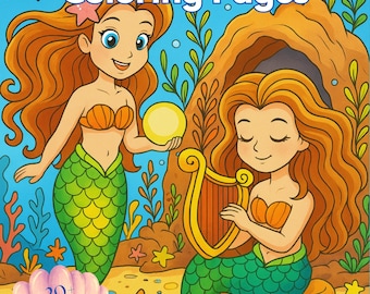 人魚のぬり絵：あらゆる年齢層向けの海の生き物デザイン（デジタルダウンロード PDF）