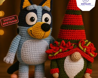 May include: A crochet pattern bundle featuring a Blue Heeler puppy and a gnome. The puppy is light blue, dark blue, and yellow. The gnome is green, red, and beige. The text "2-IN-1 CROCHET PATTERN BUNDLE Blue Heeler Puppy + Gnomes" is visible.