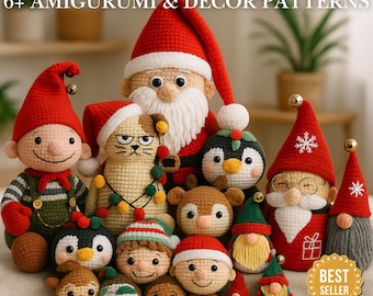 May include: A selection of crocheted Christmas amigurumi and decor patterns. The image showcases various festive characters, such as Santa Claus, elves, penguins, and gnomes, all made with yarn and decorated with holiday details. The text reads "Ultimate Christmas Crochet Bundle PDF".