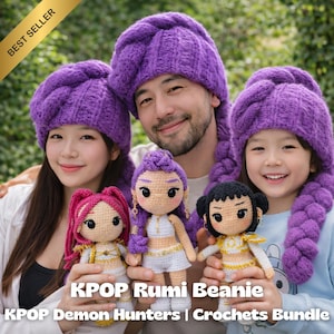 May include: A family with crochet dolls and matching purple KPOP Rumi beanies. The dolls have different hair colours and outfits. The image text reads "KPOP Rumi Beanie" and "KPOP Demon Hunters | Crochets Bundle."