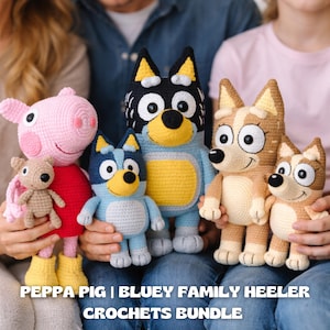 May include: A selection of handmade crochet dolls featuring characters from Peppa Pig and Bluey. The dolls include a pink pig, a small brown bear, and several Bluey Heeler family members. The dolls are in various colors, including pink, blue, brown, and yellow.