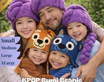 Bluey Heeler Family Crochet Hat Pattern Bundle + Kpop Rumi Braid Beanie | Kids to Adult Sizes | Blue Heeler Inspired | Instant PDF Download