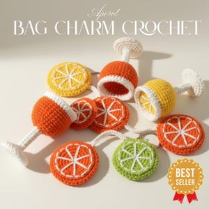 May include: A collection of crocheted bag charms, including citrus fruit slices and cocktail glasses. The charms are in shades of orange, yellow, and green, with white detailing. The image includes the text "BAG CHARM CROCHET".