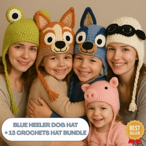 Op de afbeelding: Vijf mensen dragen gehaakte hoeden in dierenontwerpen, waaronder een kikker, een hond en een varken. De afbeelding bevat de tekst "BLUE HEELER DOG HAT + 13 CROCHETS HAT BUNDLE".