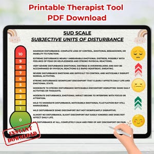 May include: A digital SUD Scale chart for therapists, with a thermometer-style visual aid and a range of emotional disturbance levels from 0 to 10. The chart includes the text "Printable Therapist Tool PDF Download" and "Instant Download".