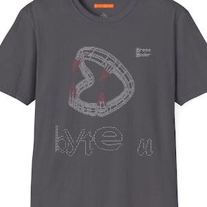 May include: Dark gray t-shirt with a graphic design featuring a stylized bite mark in white and red rhinestones. The word "byte" is written below the graphic in white rhinestones. The brand name "Dress Moder" is printed on the upper right.