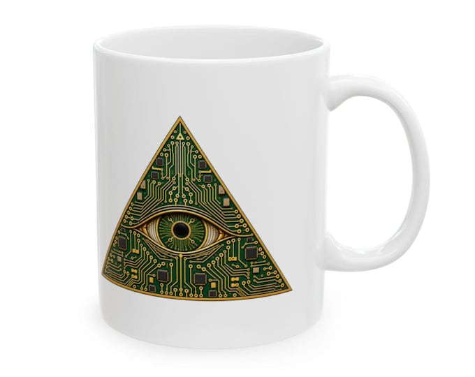 All Seeing AI Eye Mug | Circuit Board Pyramid Conspiracy Coffee Cup, Funny Tech Gift for Programmers
