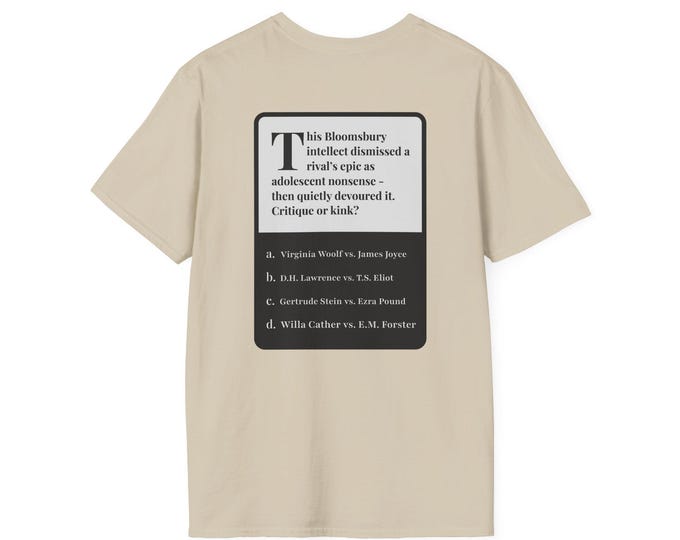 Trivia Tees - Virginia Woolf vs. James Joyce | Literary Riddle Shirt - Smart, Funny, Conversation starter, Bookish Gift for Literature Nerds